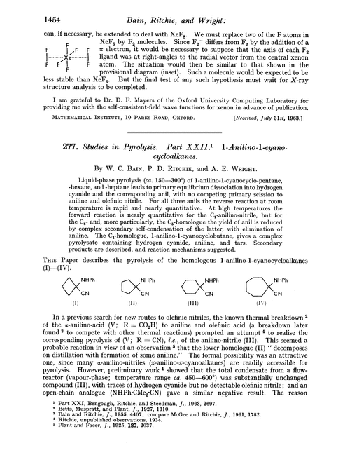 277. Studies in pyrolysis. Part XXII. 1-Anilino-1-cyano-cycloalkanes