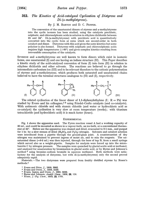 312. The kinetics of acid-catalysed cyclisation of distyrene and di-(α-methylstyrene)