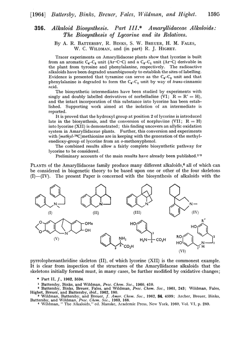316. Alkaloid biosynthesis. Part III. Amaryllidaceae alkaloids: the biosynthesis of lycorine and its relatives