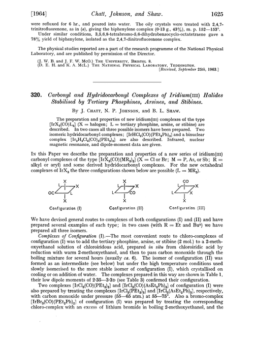 320. Carbonyl and hydridocarbonyl complexes of iridium (III) halides stablised by tertiary phosphines, arsines, and stibines