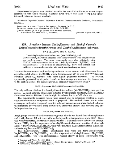 325. Reactions between dialkylboranes and methyl cyanide. Ethylideneaminodimethylborane and diethylethylideneaminoborane