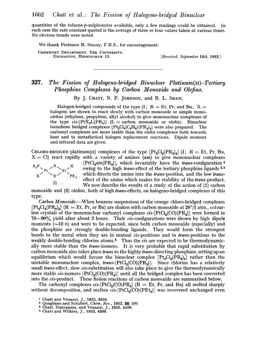 327. The fission of halogeno-bridged binuclear platinum(II)–tertiary phosphine complexes by carbon monoxide and olefins