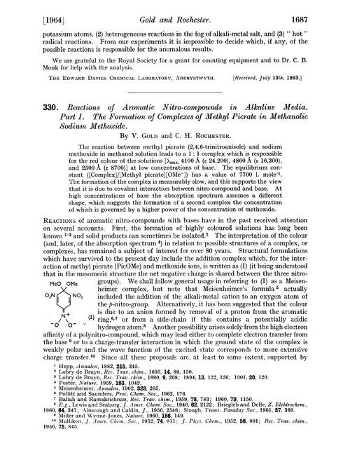 330. Reactions of aromatic nitro-compounds in alkaline media. Part I. The formation of complexes of methyl picrate in methanolic sodium methoxide