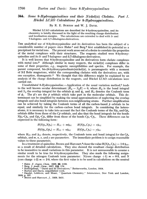 344. Some 8-hydroxyquinolines and their nickel(II) chelates. Part I. Hückel LCAO calculations for 8-hydroxyquinolines