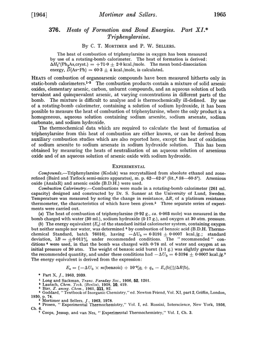 376. Heats of formation and bond energies. Part XI. Triphenylarsine