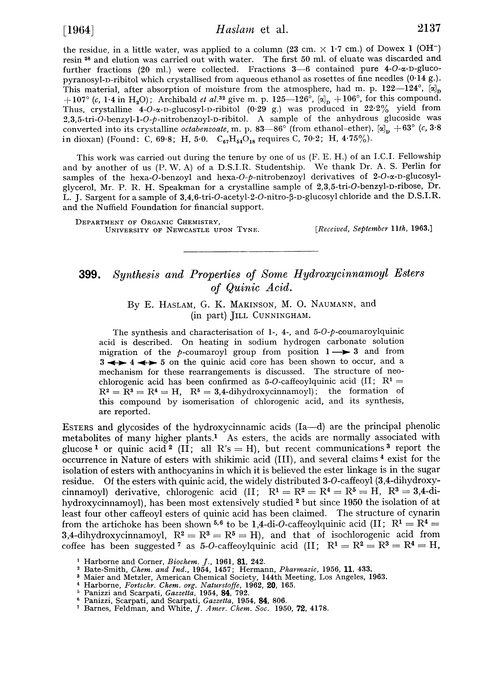 399. Synthesis and properties of some hydroxycinnamoyl esters of quinic acid