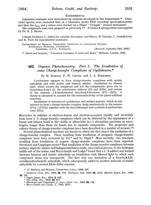 402. Organic photochemistry. Part I. The irradiation of some charge-transfer complexes of cyclohexene