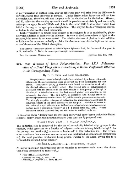 411. The kinetics of ionic polymerisation. Part IX. Polymerisation of n-butyl vinyl ether initiated by a boron trifluoride etherate, in the corresponding ether