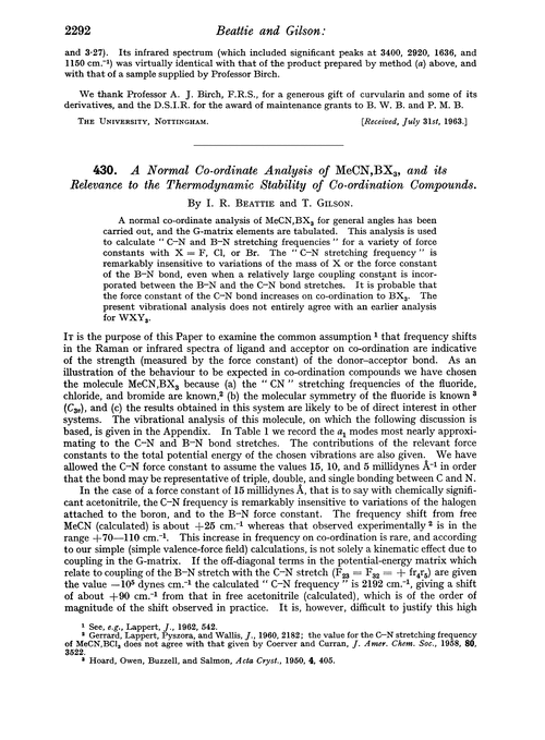 430. A normal co-ordinate analysis of MeCN, BX3, and its relevance to the thermodynamic stability of co-ordination compounds