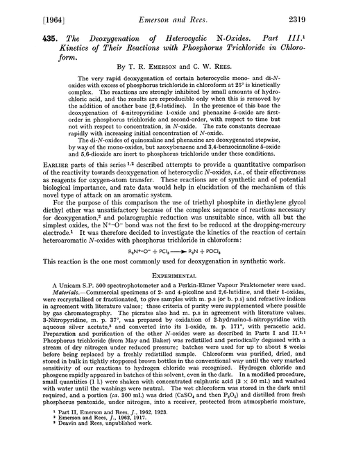 435. The deoxygenation of heterocyclic N-oxides. Part III. Kinetics of their reactions with phosphorus trichloride in chloroform