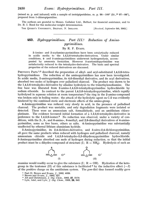 460. Hydropyrimidines. Part III. Reduction of amino-pyrimidines