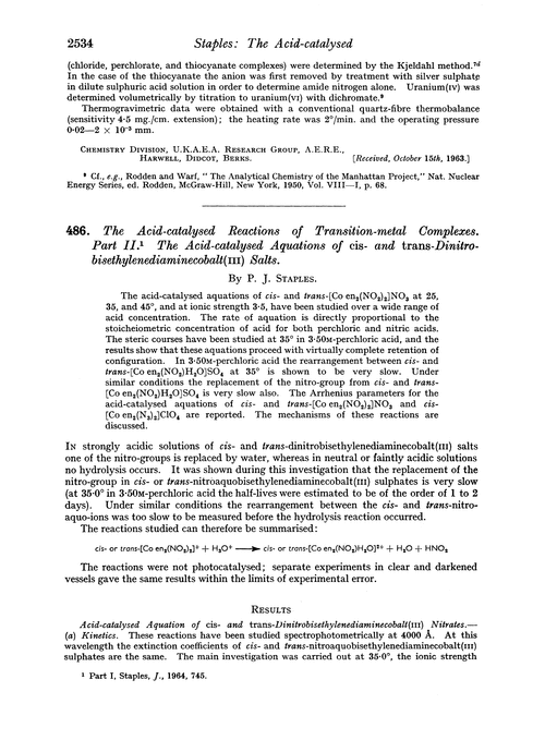 486. The acid-catalysed reactions of transition-metal complexes. Part II. The acid-catalysed aquations of cis- and trans-dinitrobisethylenediaminecobalt(III) salts