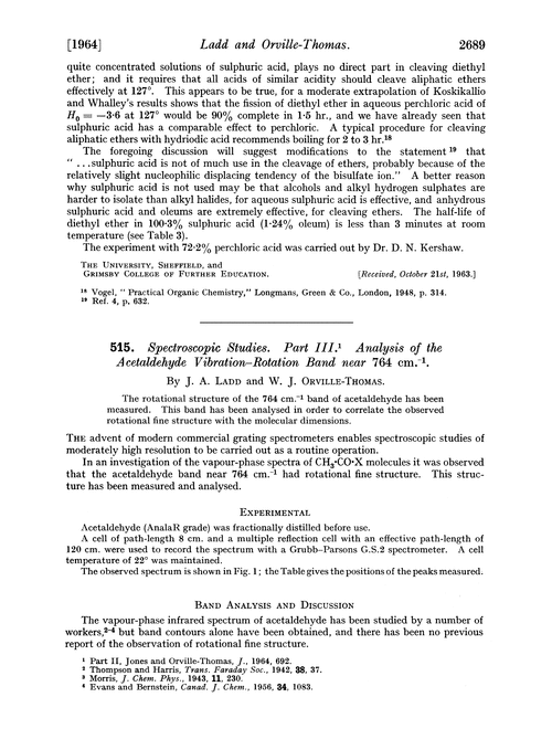 515. Spectroscopic studies. Part III. Analysis of the acetaldehyde vibration-rotation band near 764 cm.–1