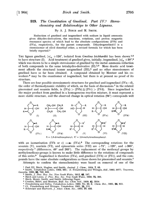 519. The constitution of gmelinol. Part IV. Stereochemistry and relationships to other lignans