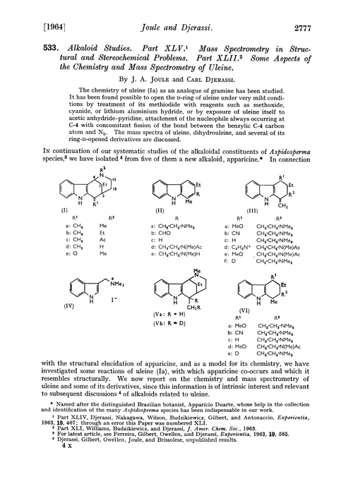 533. Alkaloid studies. Part XLV. Mass spectrometry in structural and stereochemical problems. Part XLII. Some aspects of the chemistry and mass spectrometry of uleine