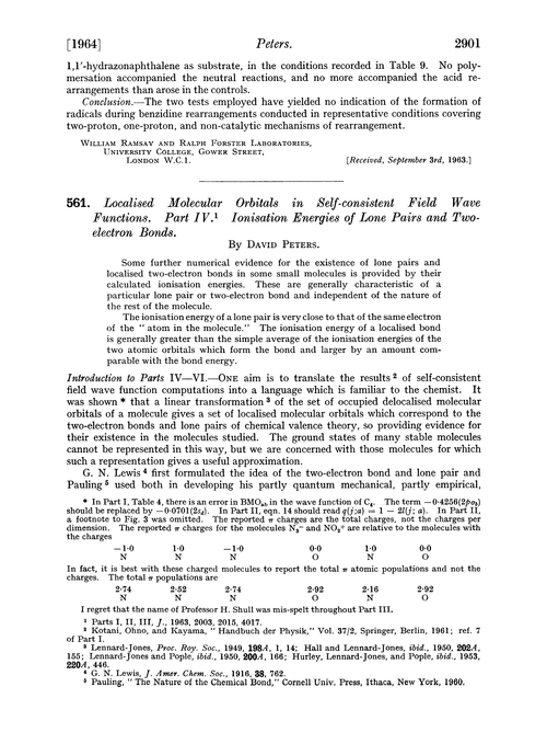 561. Localised molecular orbitals in self-consistent field wave functions. Part IV. Ionisation energies of lone pairs and two-electron bonds