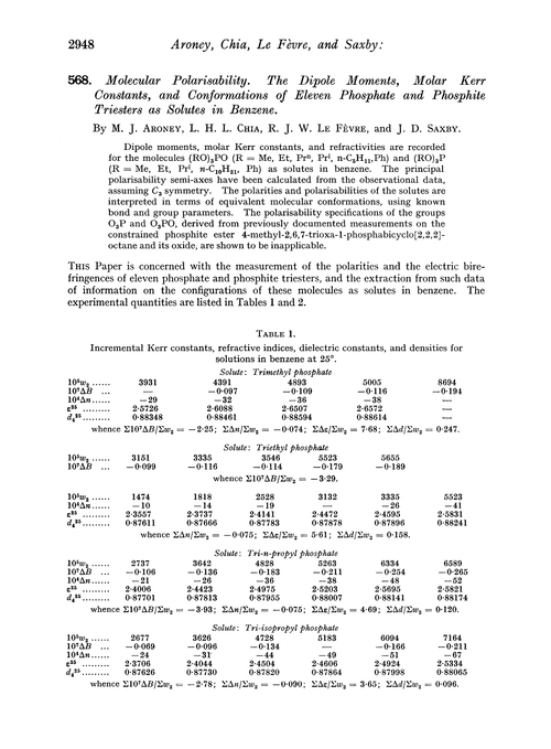 568. Molecular polarisability. The dipole moments, molar Kerr constants, and conformations of eleven phosphate and phosphite triesters as solutes in benzene