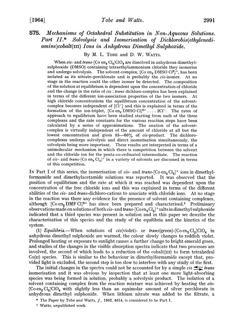 575. Mechanisms of octahedral substitution in non-aqueous solutions. Part. II. Solvolysis and isomerisation of dichlorobis(ethylenediamine)cobalt(III) ions in anhydrous dimethyl sulphoxide