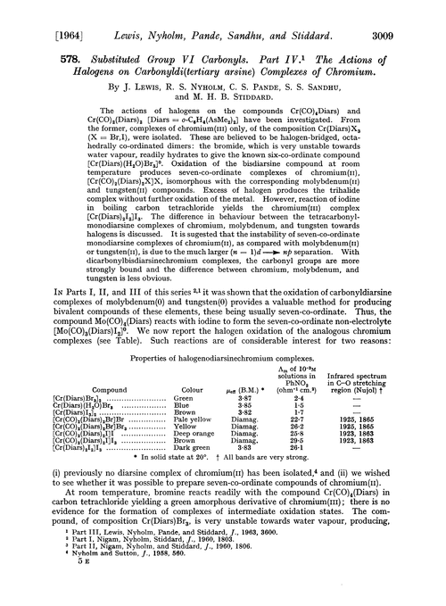 578. Substituted group vi carbonyls. Part IV. The actions of halogens on carbonyldi(tertiary arsine) complexes of chromium