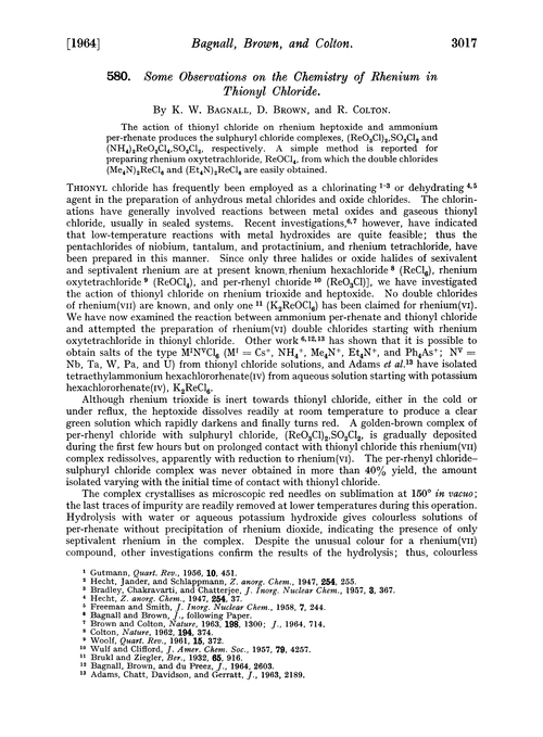 580. Some observations on the chemistry of rhenium in thionyl chloride