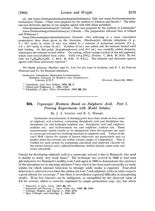 604. Cryoscopic mixtures based on sulphuric acid. Part I. Proving experiments with model solutes