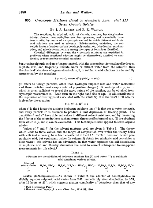 605. Cryoscopic mixtures based on sulphuric acid. Part II. Seven organic solutes
