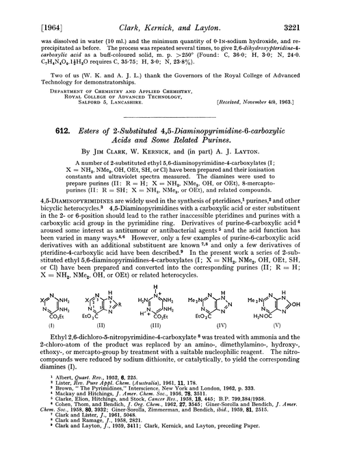 612. Esters of 2-substituted 4,5-diaminopyrimidine-6-carboxylic acids and some related purines