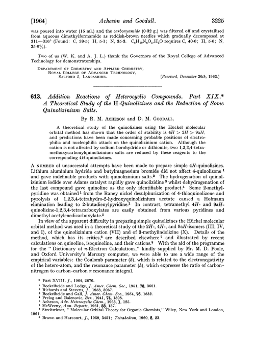 613. Addition reactions of heterocylic compounds. Part XIX. A theoretical study of the H-quinolizines and the reduction of some quinolizinium salts