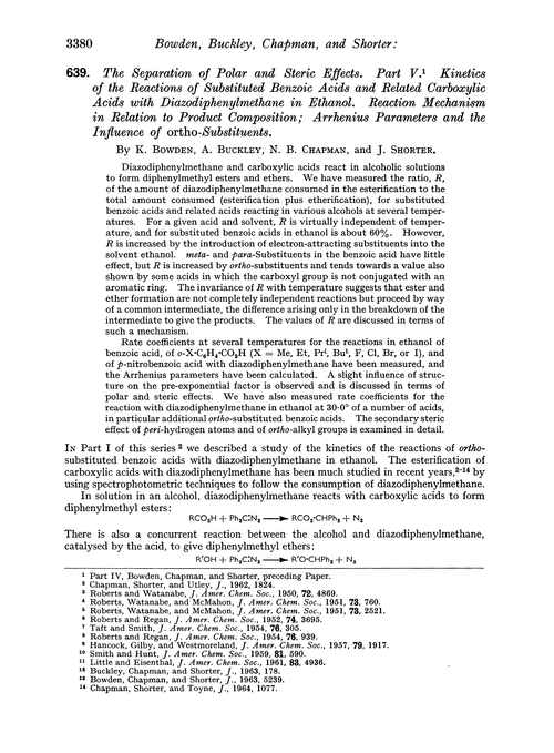 639. The separation of polar and steric effects. Part V. Kinetics of the reactions of substituted benzoic acids and related carboxylic acids with diazodiphenylmethane in ethanol. Reaction mechanism in relation to product composition; arrhenius parameters and the influence of ortho-substituents