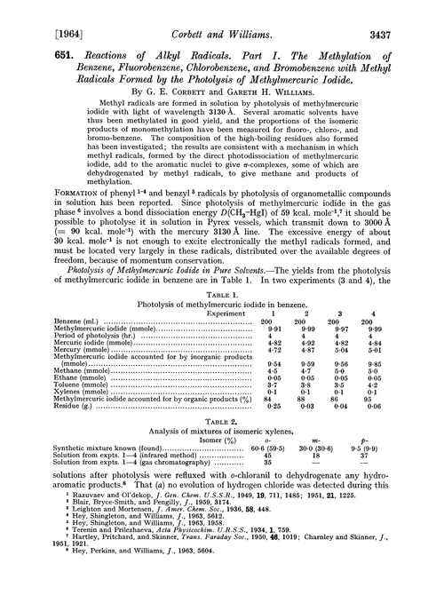 651. Reactions of alkyl radicals. Part I. The methylation of benzene, fluorobenzene, chlorobenzene, and bromobenzene with methyl radicals formed by the photolysis of methylmercuric iodide