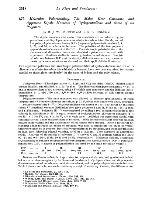 679. Molecular polarisability. The molar Kerr constants and apparent dipole moments of cyclopentadiene and some of its polymers