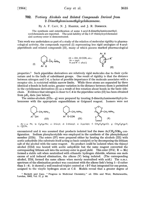 702. Tertiary alcohols and related compounds derived from 2-dimethylaminomethylcyclohexanone