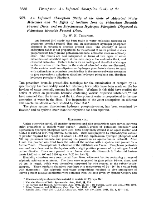707. An infrared absorption study of the state of adsorbed water molecules and the effect of sodium ions on potassium bromide pressed discs, and on dipotassium hydrogen phosphate dispersed in potassium bromide pressed discs