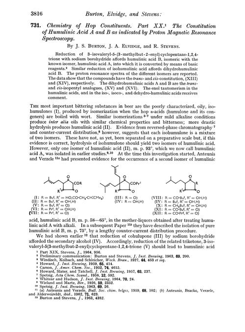 731. Chemistry of hop constituents. Part XX. The constitution of humulinic acid A and B as indicated by proton magnetic resonance spectroscopy