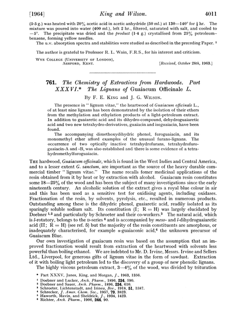 761. The chemistry of extractives from hardwoods. Part XXXVI. The lignans of Guastiacum officinale L.