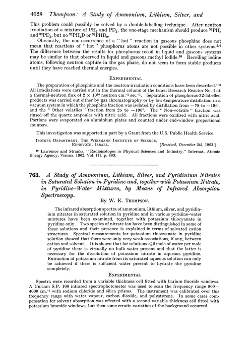 763. A study of ammonium, lithium, silver, and pyridinium nitrates in saturated solution in pyridine and, together with potassium nitrate, in pyridine–water mixtures, by means of infrared absorption spectroscopy