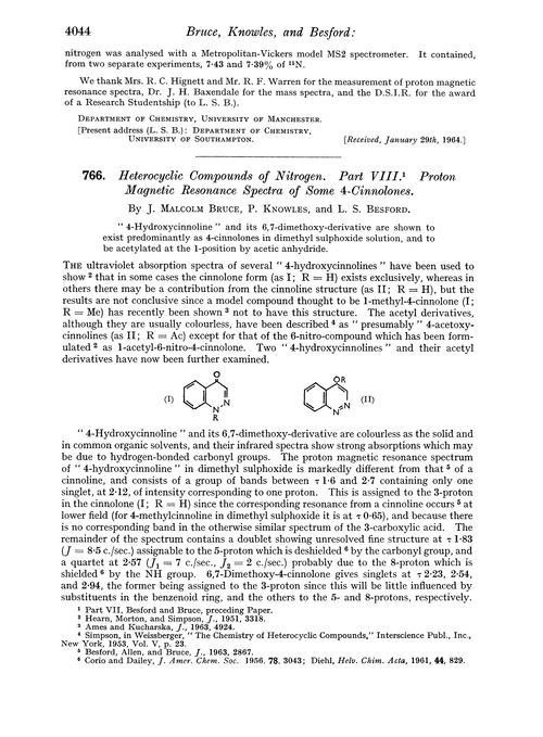 766. Heterocyclic compounds of nitrogen. Part VIII. Proton magnetic resonance spectra of some 4-cinnolones