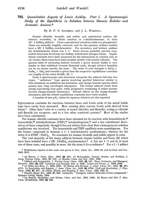 792. Quantitative aspects of Lewis acidity. Part I. A spectroscopic study of the equilibria in solution between stannic halides and aromatic amines