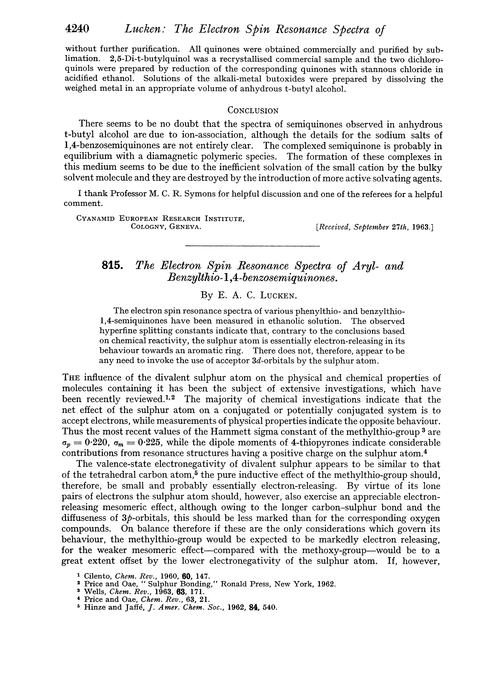 815. The electron spin resonance spectra of aryl- and benzylthio-1,4-benzosemiquinones