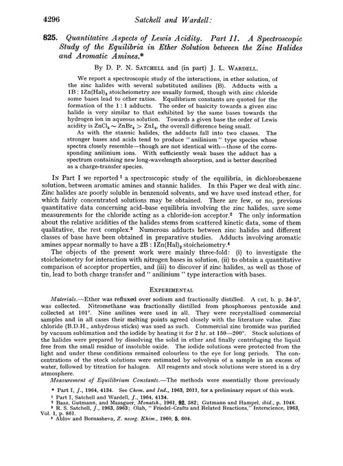 825. Quantitative aspects of Lewis acidity. Part II. A spectroscopic study of the equilibria in ether solution between the zinc halides and aromatic amines