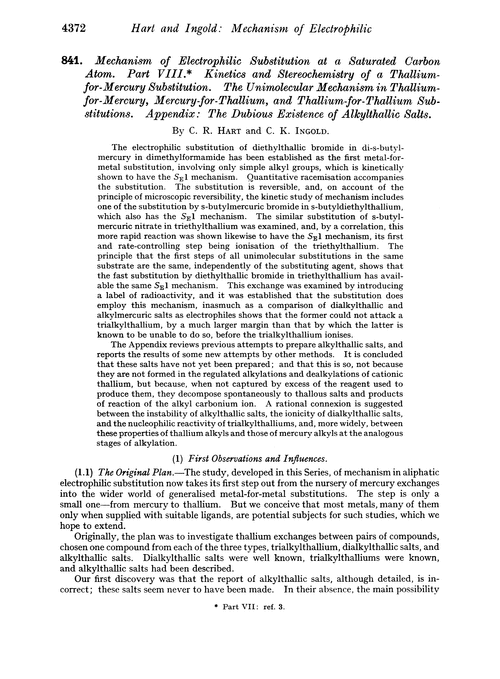841. Mechanism of electrophilic substitution at a saturated carbon atom. Part VIII. Kinetics and stereochemistry of a thallium-for-mercury substitution. The unimolecular mechanism in thallium-for-mercury, mercury-for-thallium, and thallium-for-thallium substitutions. Appendix: the dubious existence of alkylthallic salts