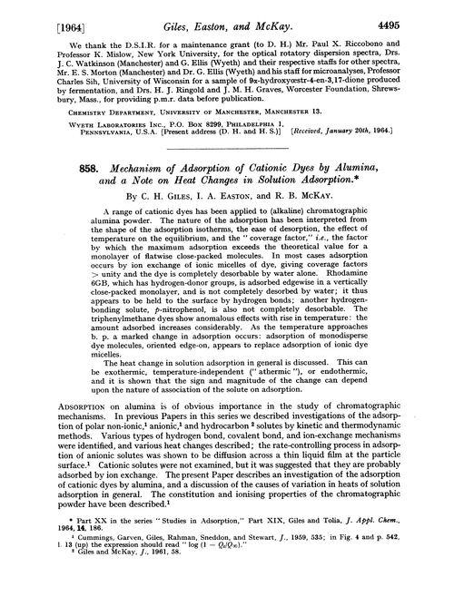 858. Mechanism of adsorption of cationic dyes by alumina, and a note on heat changes in solution adsorption