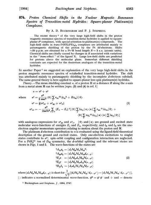 874. Proton chemical shifts in the nuclear magnetic resonance spectra of transition-metal hydrides: square-planar platinum(II) complexes