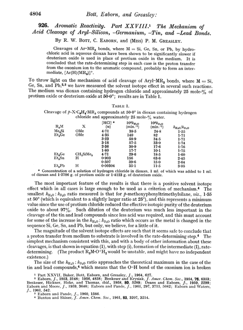 926. Aromatic reactivity. Part XXVIII. The mechanism of acid cleavage of aryl–silicon, –germanium, –tin, and –lead bonds