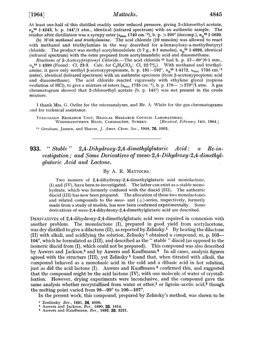 933. “Stable” 2,4-dihydroxy-2,4-dimethylglutaric acid: a re-investigation; and some derivatives of meso-2,4-dihydroxy-2,4-dimethylglutaric acid and lactone