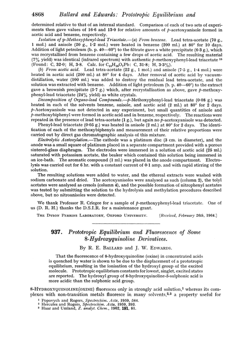 937. Prototropic equilibrium and fluorescence of some 8-hydroxyquinoline derivatives