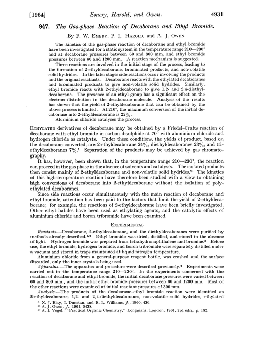 947. The gas-phase reaction of decaborane and ethyl bromide