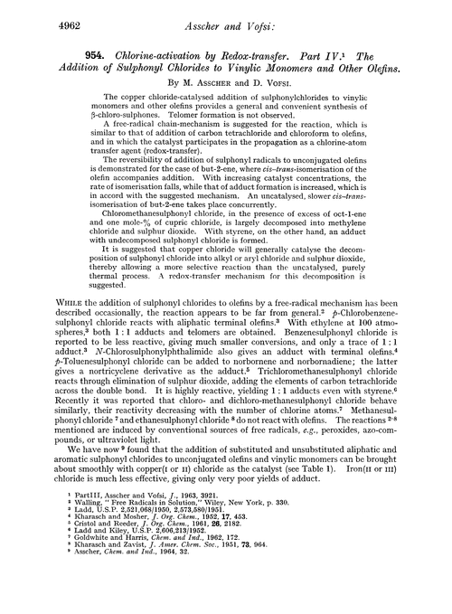 954. Chlorine-activation by redox-transfer. Part IV. The addition of sulphonyl chlorides to vinylic monomers and other olefins