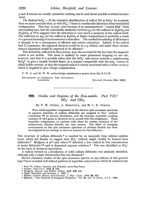 998. Oxides and oxyions of the non-metals. Part VII. SO2– and ClO2