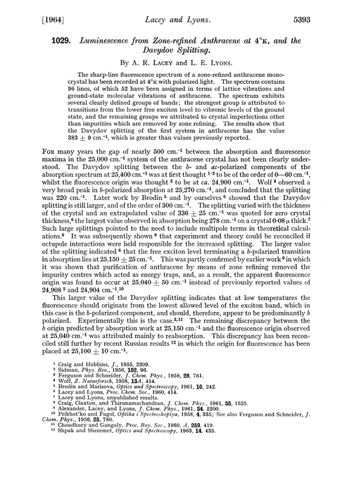 1029. Luminescence from zone-refined anthracene at 4°K, and the Davydov splitting